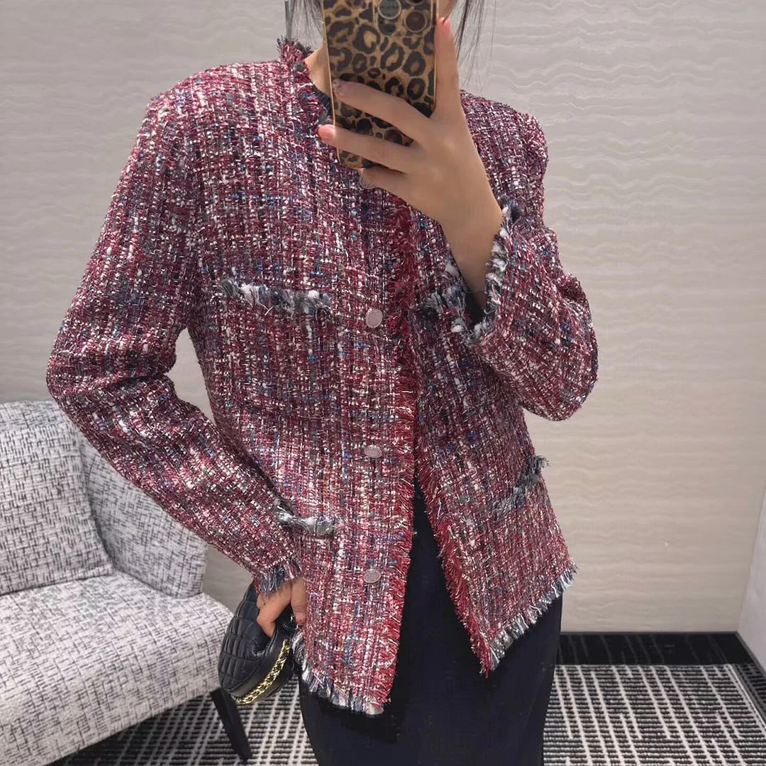 2025 New Spring Fashion Vintage Plaid Woven Tweed Jacket Women O-neck Long Sleeve Pockets Buttons Tassel Sweet Designer Coat