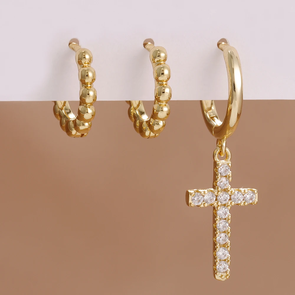 3PCS Mode Micro Pflastern Zirkon Edelstahl Kreuz Tropfen Ohrringe Für Frauen 14K Gold Überzogene Glamour Knorpel piercing Schmuck