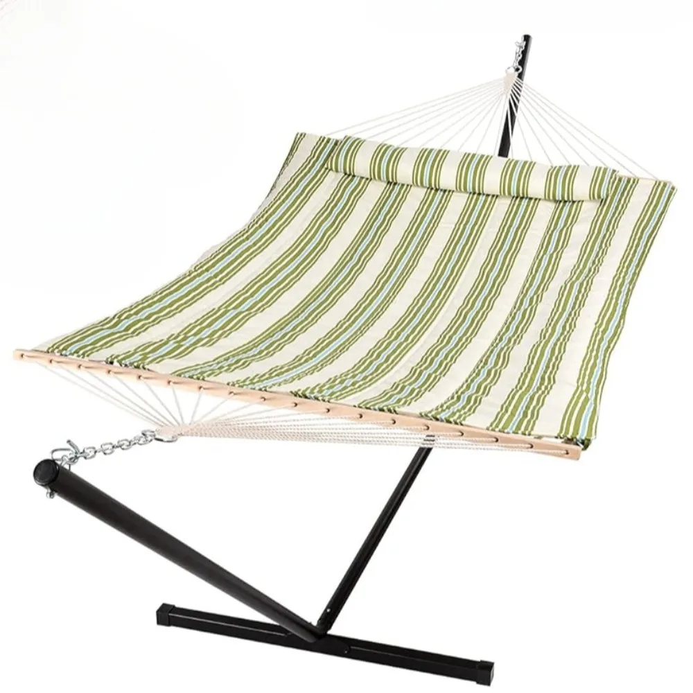 

Cotton rope hammock, hardwood boom for two, quilted fabric mat and removable pillows, hammock with 12ft steel stand, cup holder