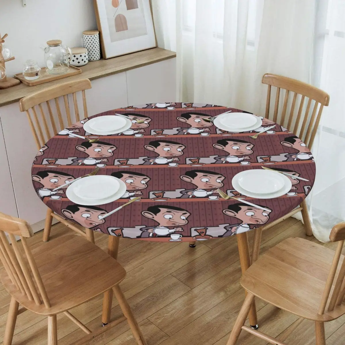 Mr. Bean Cartoon Waterproof Round Tablecloth Oilproof Table Cloth for Kitchen Events Dining Table Cover