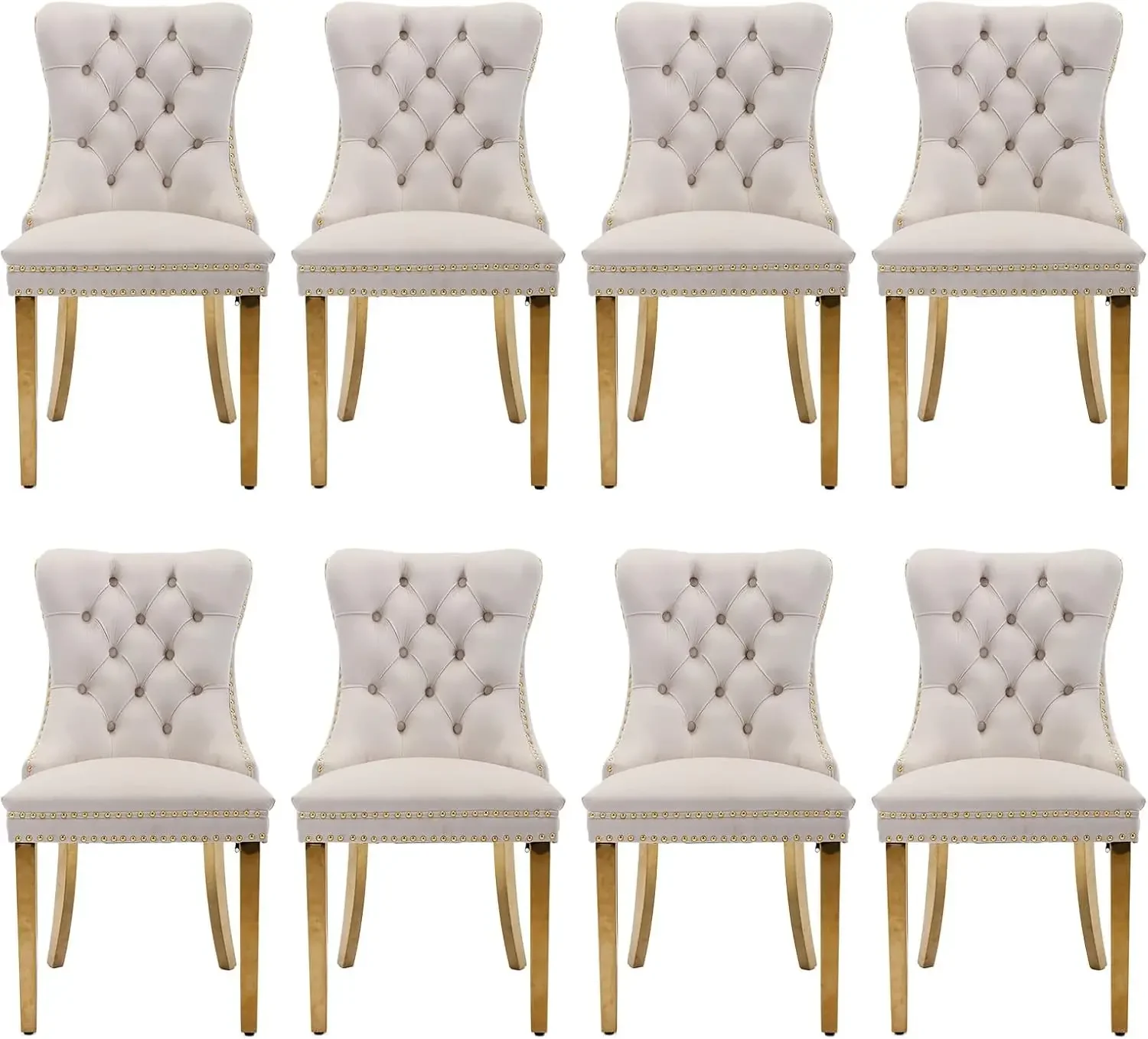 Velvet Upholstered Dining Chairs Set of 8,Style Kitchen Side Chairs with Nailhead Trim and Gold Plated Leg, Metal Pulling Ring