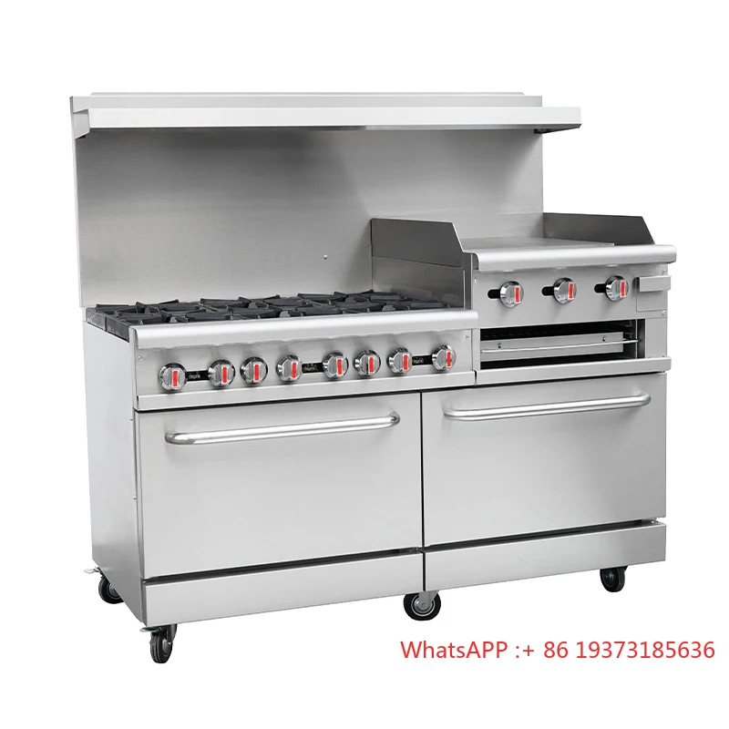 Linkrich Commercial 6 Burner Gas Stove with Griddle & Oven Energy Saving Stainless Steel for Hotel Catering Kitchen Equipment