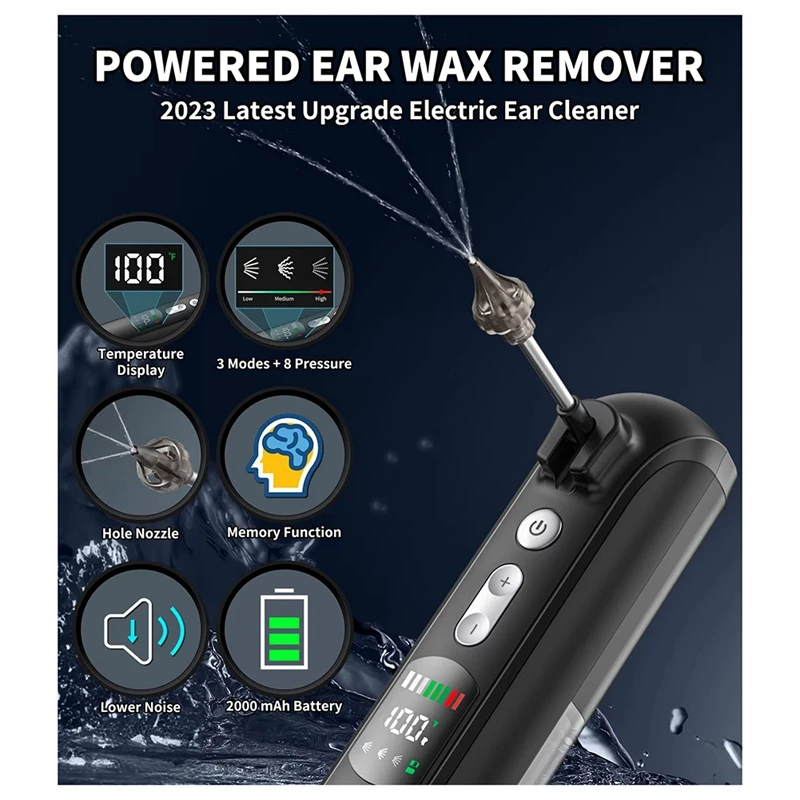 New Waterproof 3 Modes Kit 2000mAh Battery Capacity LCD Electric Ear Cleaner with 250ml Water Tank-VVBC
