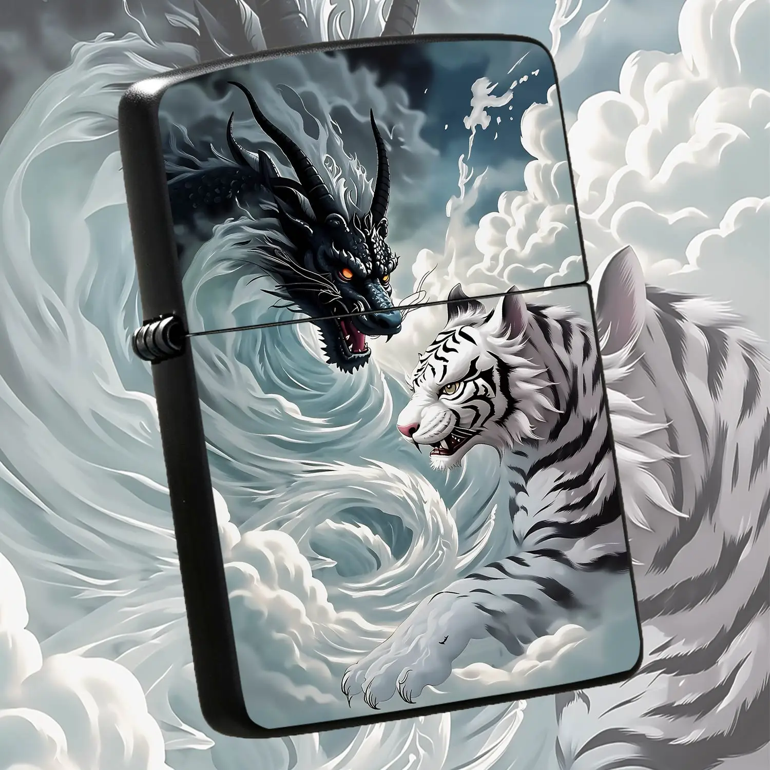 Style Auspicious Dragon Tiger Themed Lighter, Mysterious Black Dragon With Flowing Clouds Surrounding White Tiger, Decorative Practical Accessory Suitable For All Daily Scenarios, Creative Totem Design Portable Nice Gift A Humorous And Inte