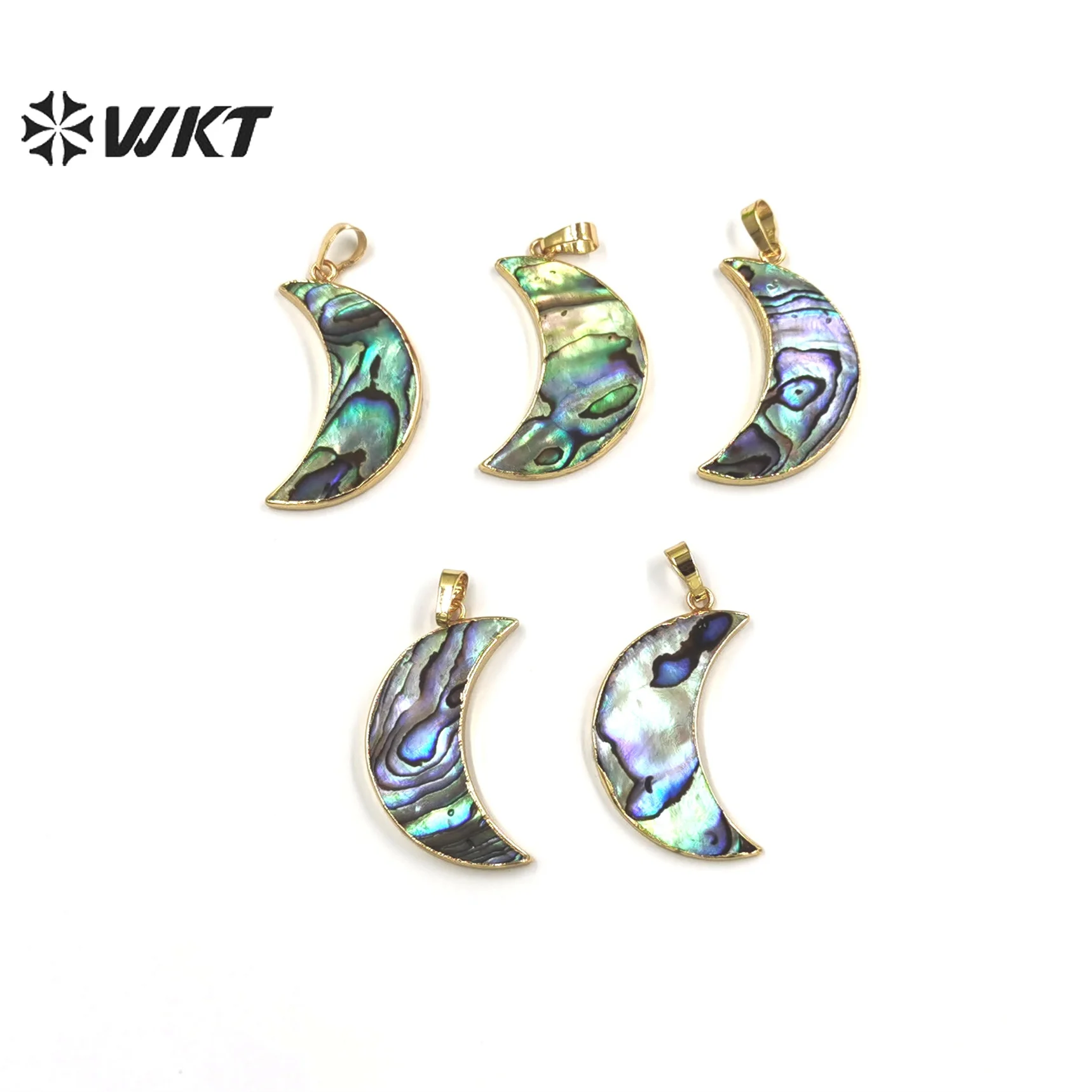 

WT-JP304 WKT hot sales natural crescent moon pendant women fashion gold trim shell Abalone moon pendants for necklace