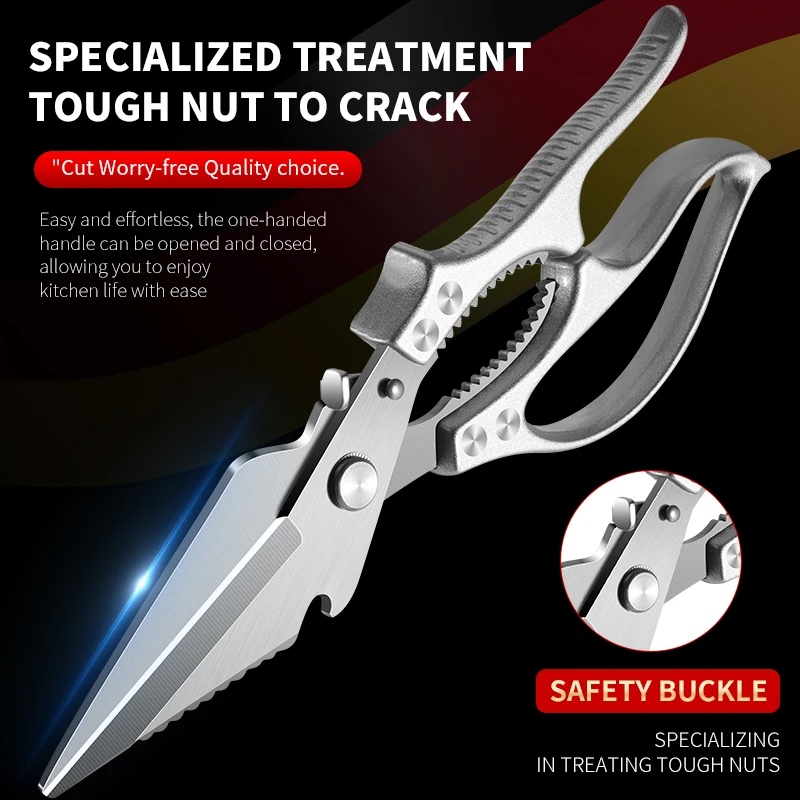 Stainless steel multifunctional kitchen scissors, powerful seafood and crab cutter, thickened and non-slip, suitable for cutting chicken bones, crab, shrimp shells, chicken, duck, and fish bones. Features a bottle opener, nutcracker, fish scale scraper, and other multifunctional features in one. Sharp and rust-resistant, specialized for kitchen use