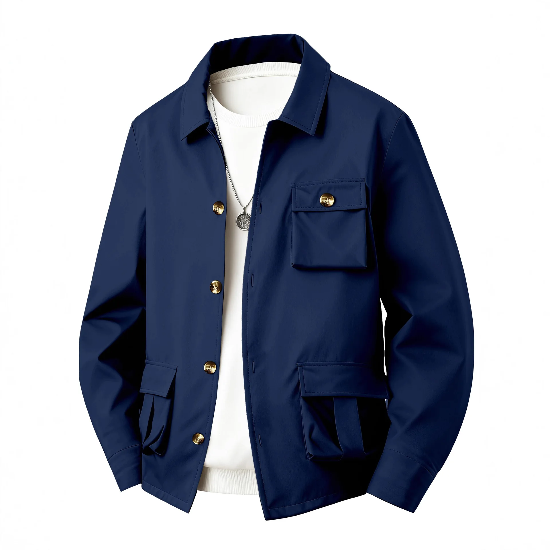 LIBIELIY Spring Autumn Men's Solid Color Multi-Pocket Utility Jacket Simple Style Long Sleeve Casual Multi-Functional Waterproof