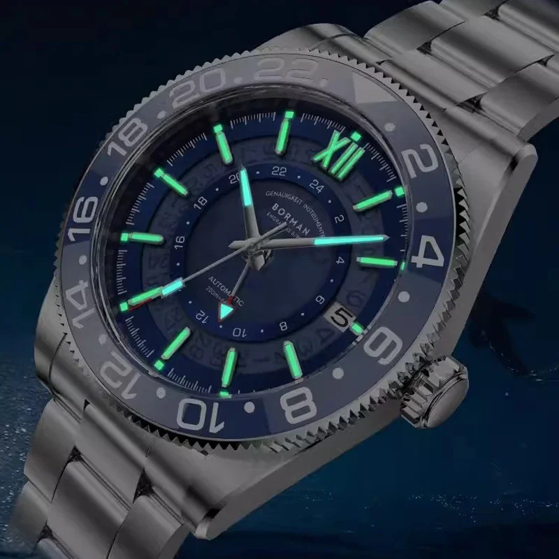 BORMAN, nuevo reloj de pulsera mecánico automático de lujo para hombre, reloj GMT de acero inoxidable, relojes de cristal de zafiro resistentes al agua para hombre