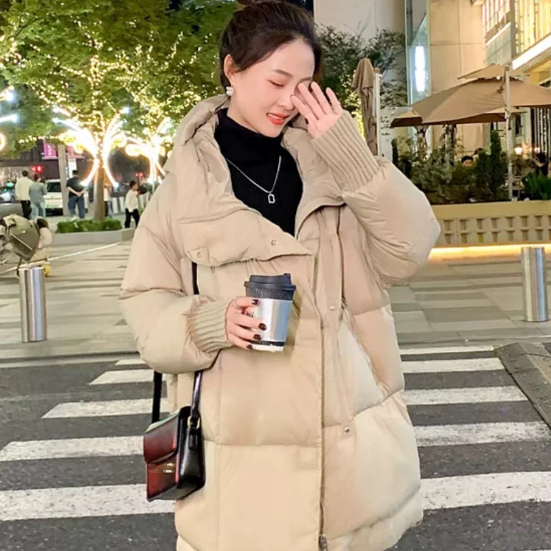 Down Hooded Jackets for Women, Mid-length Pockets, Casual Outerwears, Warm Parka, Thick, Korean Fashion, New Coats, 2024