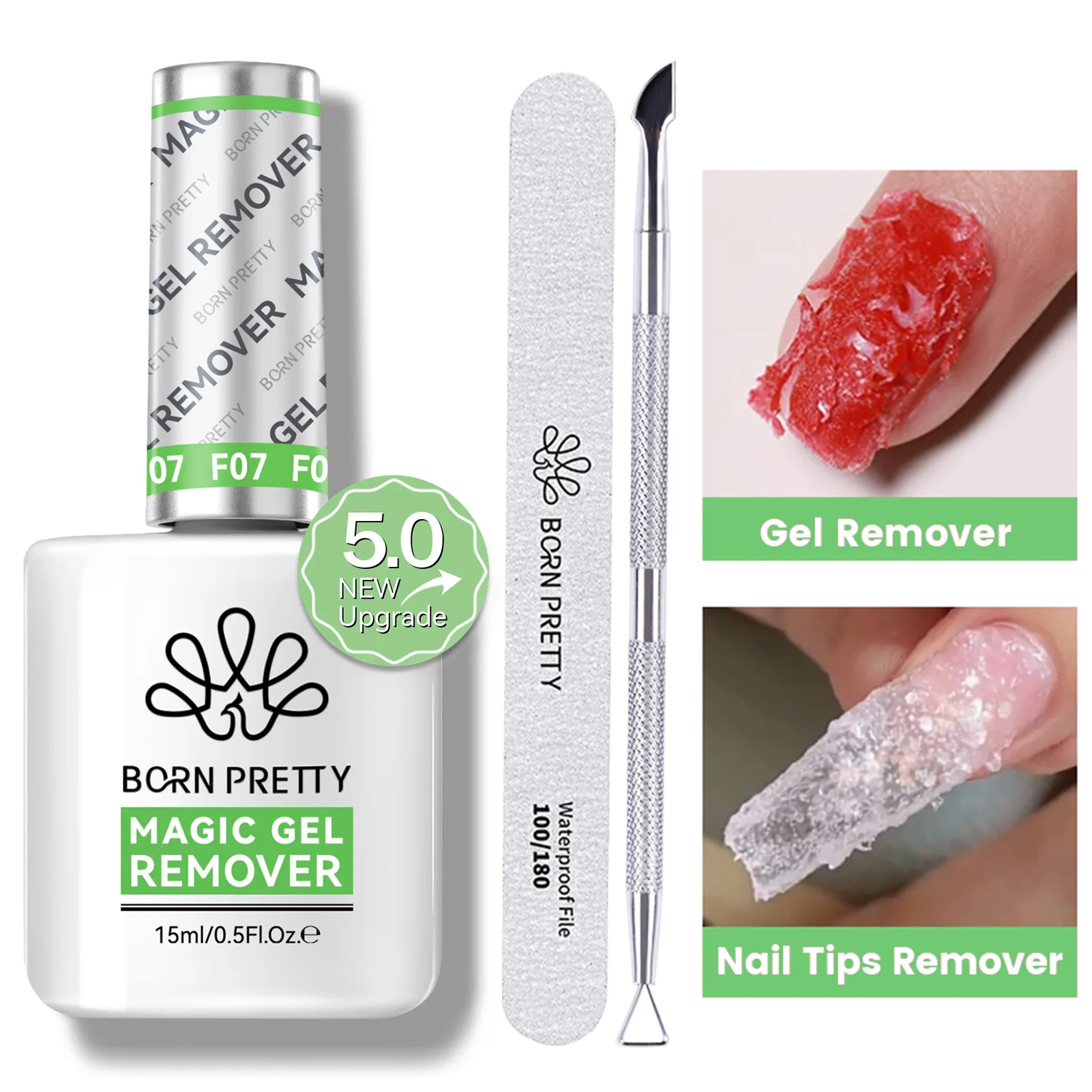 BORN PRETTY Magic Gel Remover Nagellack-Set mit Nagelhautschieber, Nagelfeile, Nagelhautöl, sicheres Werkzeug, Maniküre, Lack abweichen, 15 m