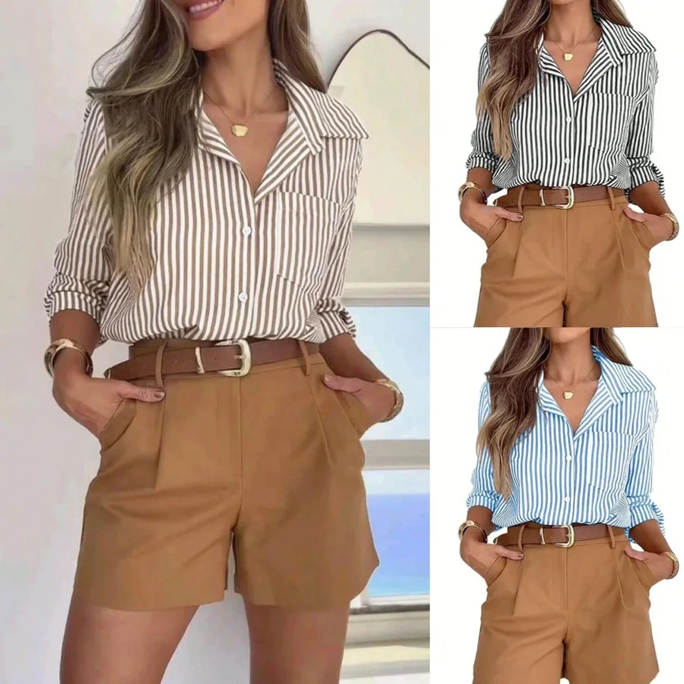 

2026 Spring New Elegant Design Fashion Versatile Women Fashion Casual Stripes Lapel Long Sleeve Shirt