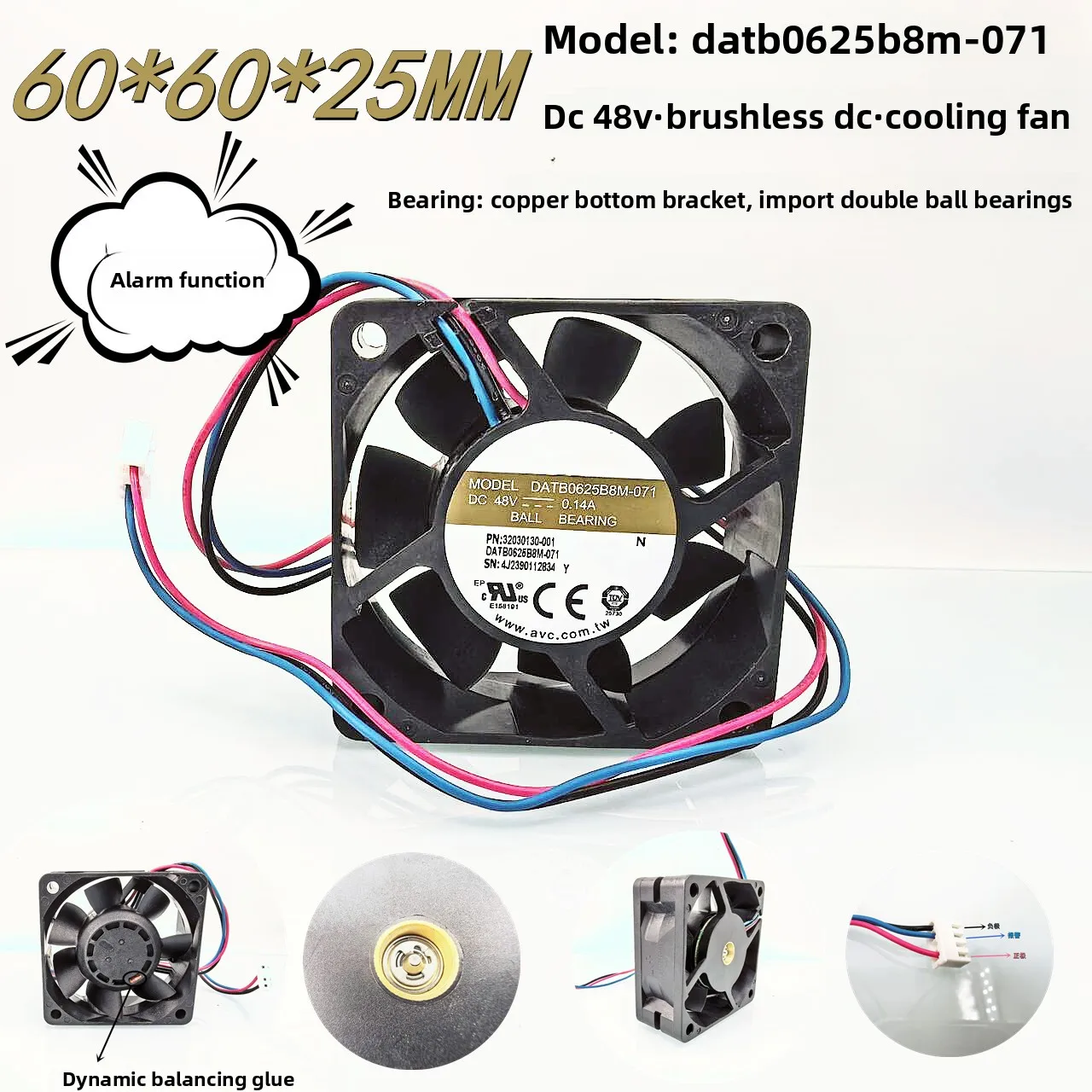 DATB0625B8M-071 48V frequency conversion 6025 copper central axis ball bearing 6CM high rotation alarm cooling fan 60X60X25MM