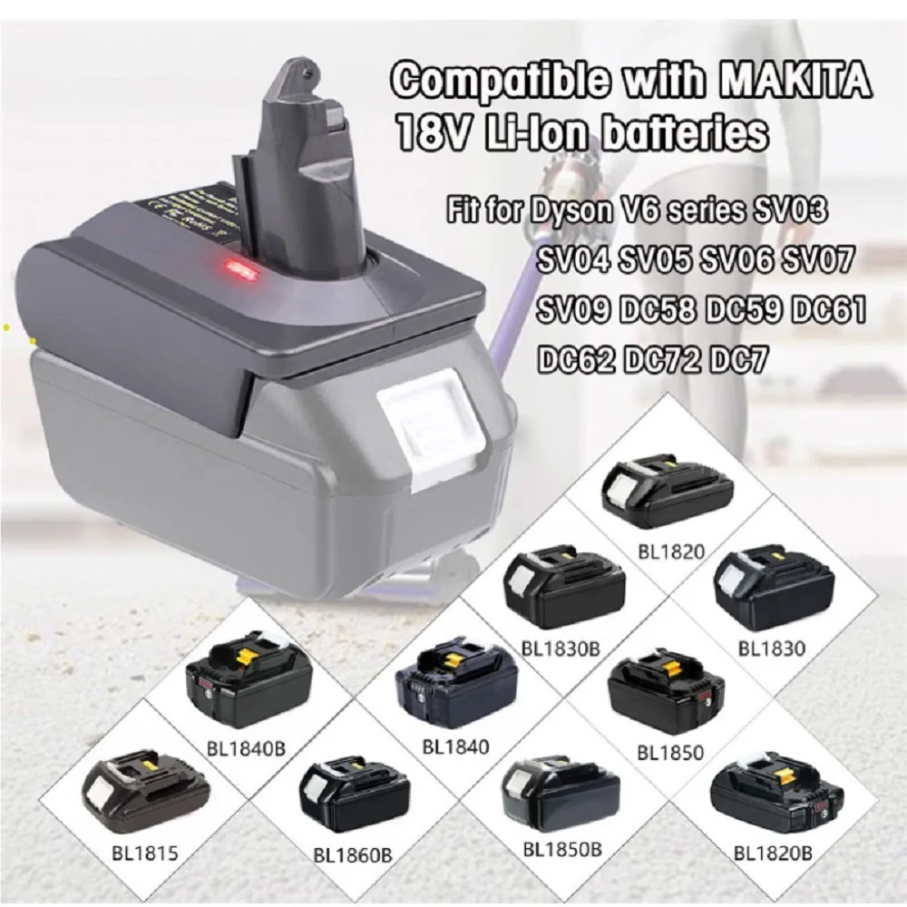 

Преобразователь аккумуляторов MT18V6 для литий-ионных аккумуляторов Makita 18V BL1830 BL1840 BL1850 BL1860B, совместимый с Dyson V6 DC6 DC61 DC62 DC58