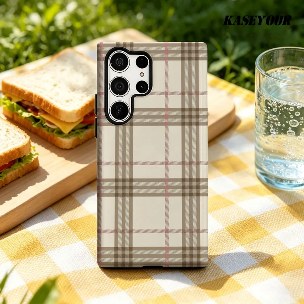 Brown and Pink Checkerboard For Samsung Galaxy Phone Case S23 A57 S20 S25 FE S26 Plus S24 Ultra A56 A37 2-IN-1 Shockproof Bumper