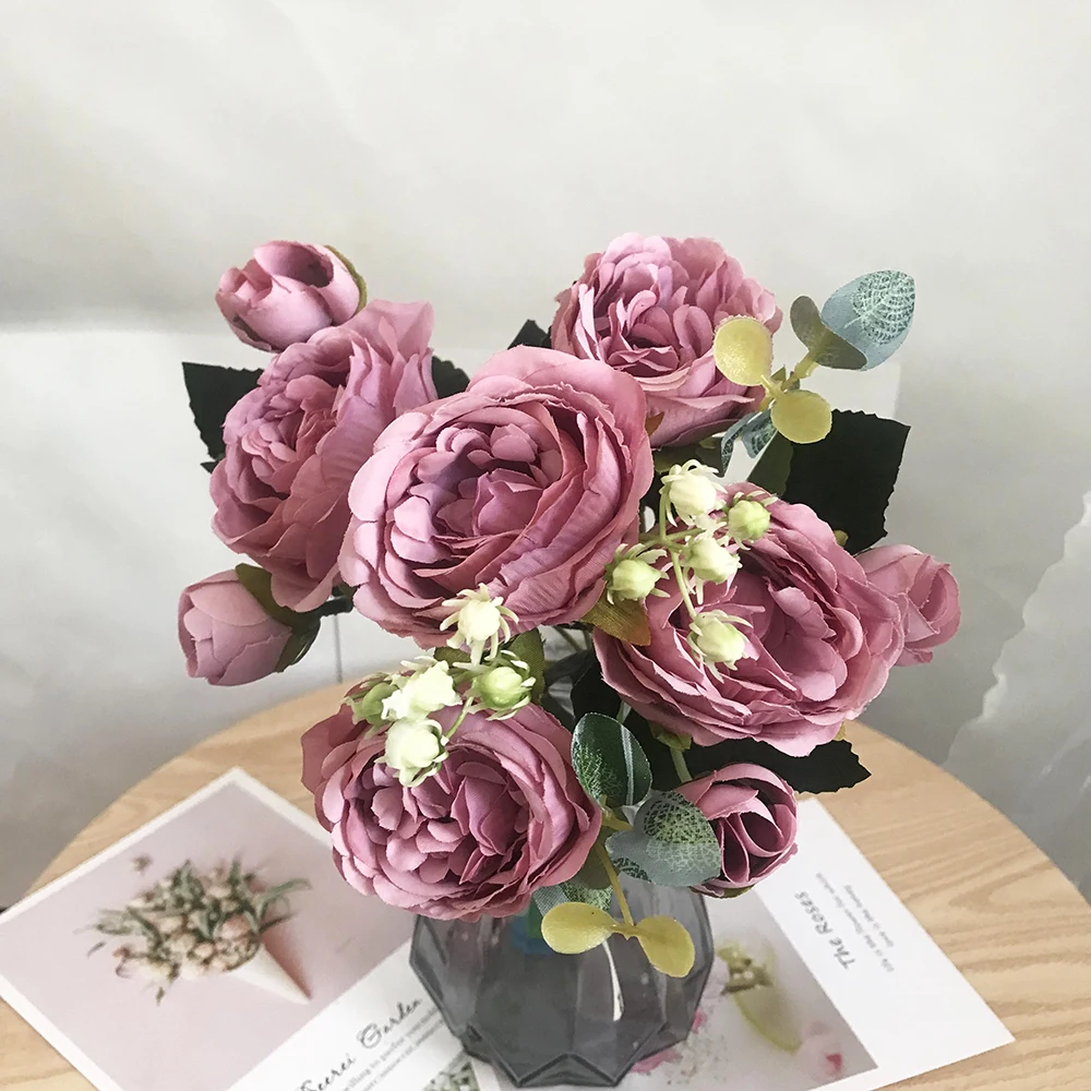 Hot Selling 1pcs/30cm Rose Pink Silk Bouquet Peony Artificial Flower 5 Big Head 4 Small Bud Bride Wedding Home Decoration