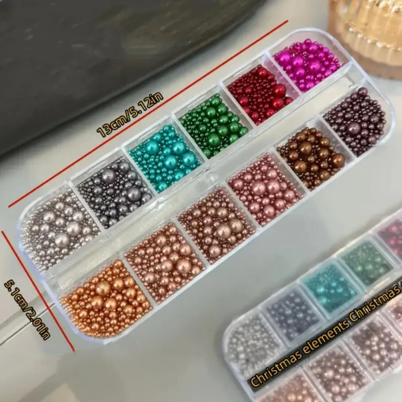 Décoration de noël à 12 grilles, taille mixte, perles rouges/vertes, strass, breloques pour ongles, bijoux de manucure de noël
