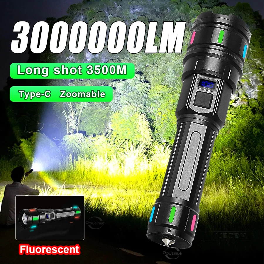 

3000000LM Powerful LED Flashlight Rechargeable Lamp With Fluorescent Light Outdoor Lights Tactical Flashlight Hunting Spotlights
