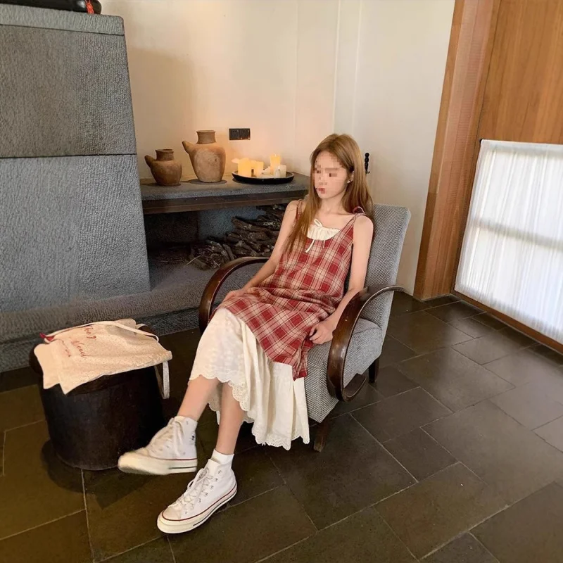 

Новое летнее искусственное двухсекционное платье в клетку с цветными блоками в отпускном стиле для женщин, элегантное лоскутное платье средней длины