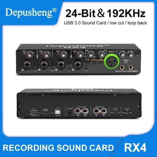 Imagen 1 del producto Interfaz de Audio Profesional, Tarjeta de Sonido Depusheng RX4 4 Entradas y 2 Salidas, Conversor AD con Monitoreo para Grabación Eléctrica en Vivo