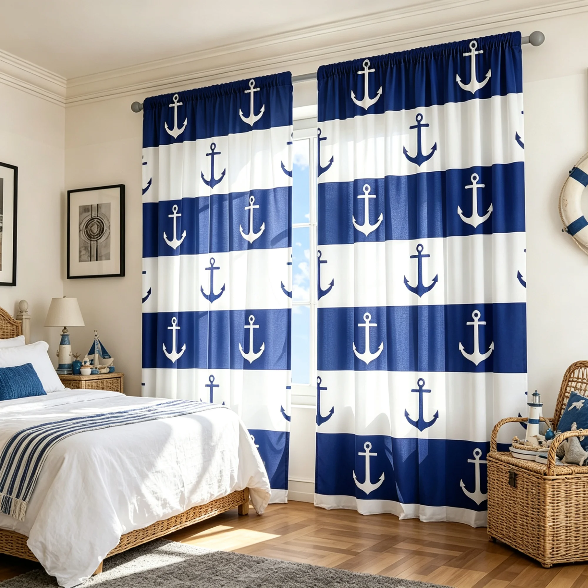 2D Flat 2Pcs curtains, Blue and white striped boat anchor pattern, simple ocean style, semi transparent, pole wearing