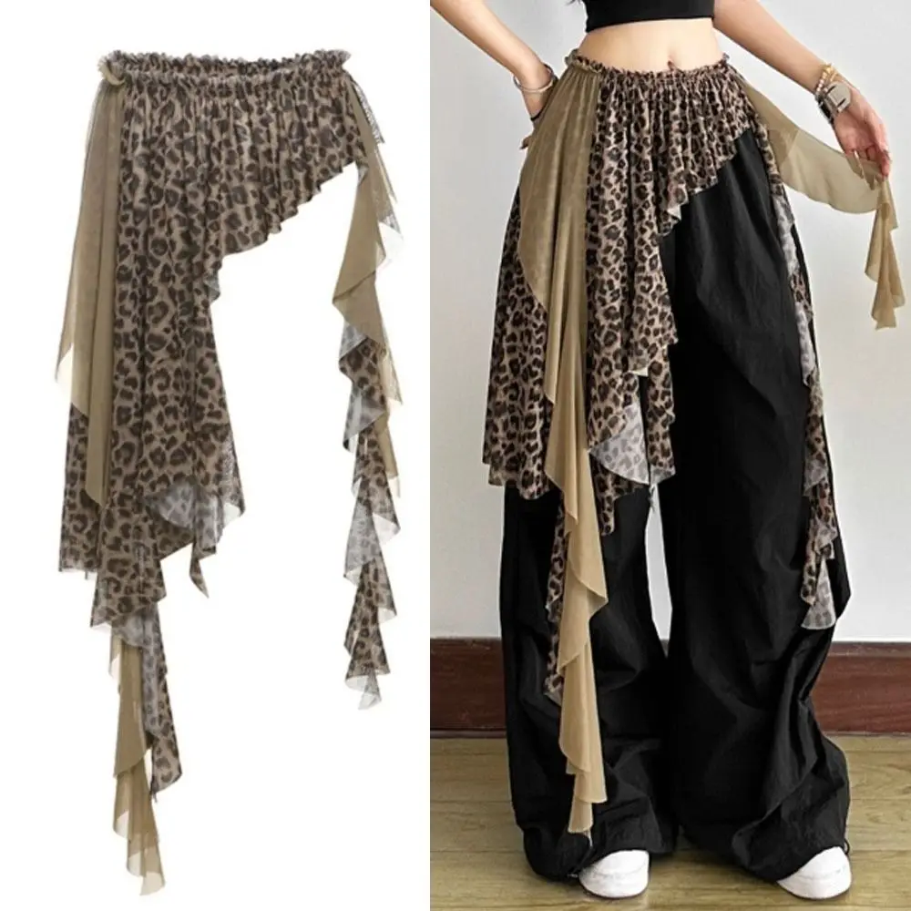 

Irregular Lace Mini Skirt Leopard Print See Through Lace Up Ruffles Skirt Lace-up Design Harajuku Pleated Skirts