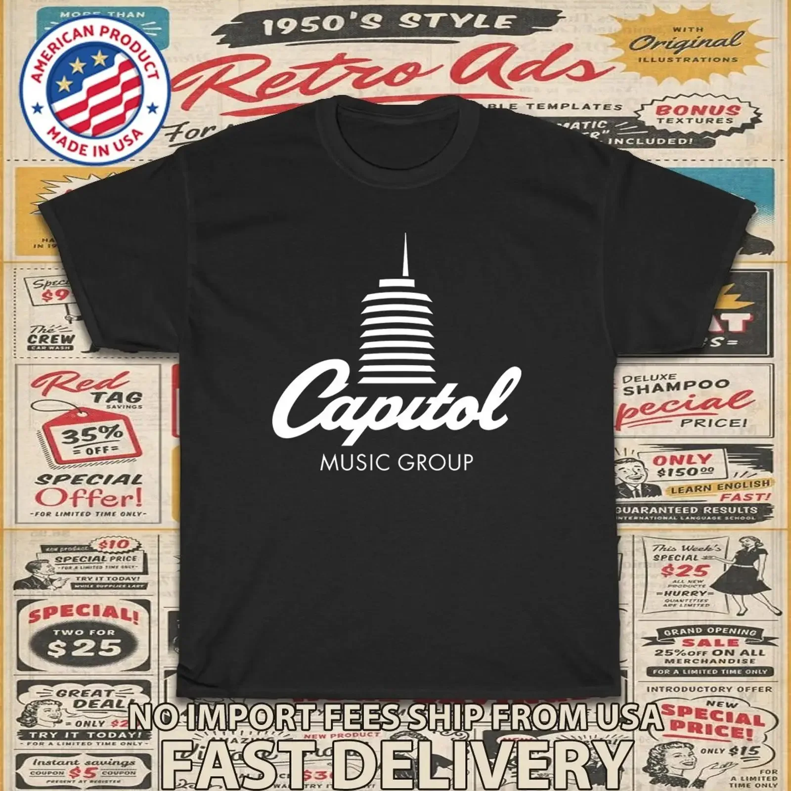 New T Shirt Capitol Music Group Logo Men's American vintage Washed Soft Slightly graphic Stylish Top For Everyday Wear