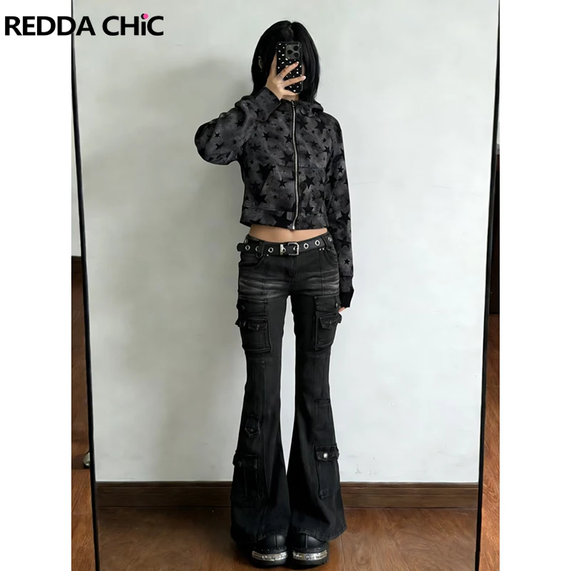 

REDDACHiC Distressed Women Cargo Jeans Black Whiskers Multi-pocket Low Waist Slim Bootcut Pants Bell Bottoms Grunge Streetwear