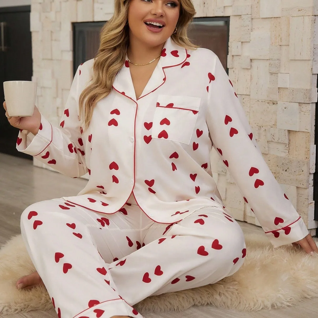 Women's Plus Size Pajama Long Sleeve Sleepwear Set Pink Heart Print Loungewear Set Two Piece Full Length Pants Black Pajamas
