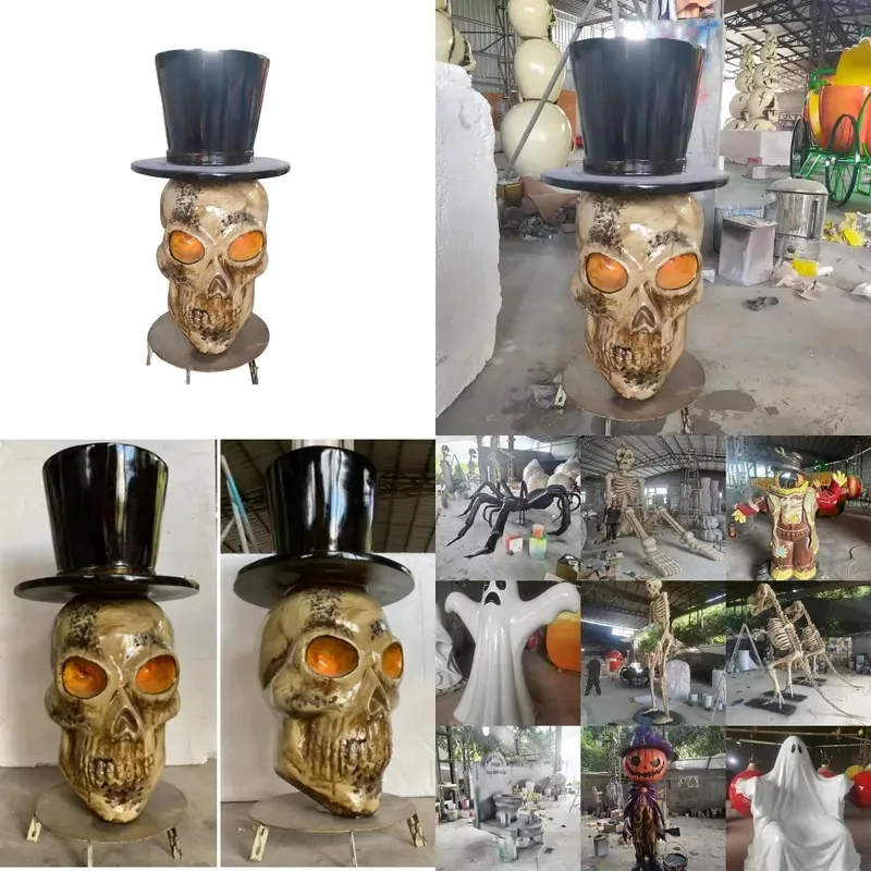 Large Resin Skull and Pumpkin Statue Giant Fiberglass Halloween Props Outdoor Decoration Ornaments for Garden Yard Party