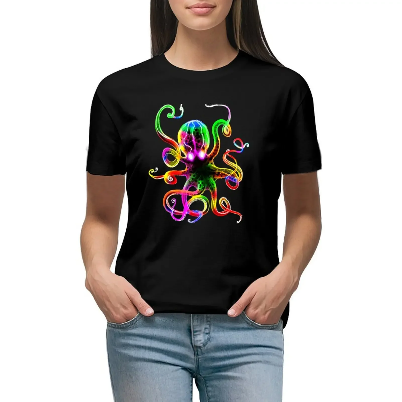 

Rainbow Octopus Glow T-Shirt sports fans tees Short sleeve tee customizeds tshirts for Women