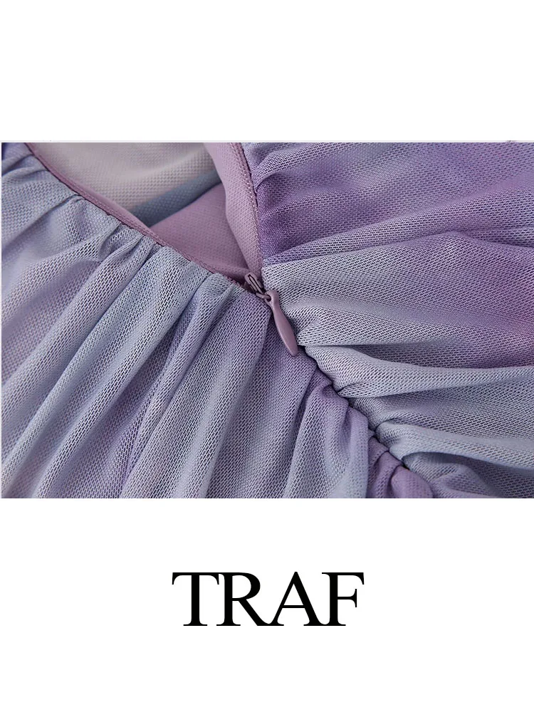 TRAF Woman Fashion One Straps Long Dress Gradient Color Purple Slash-Neck Folds Sleeveless Zipper Female Hotsweet Style Dresses