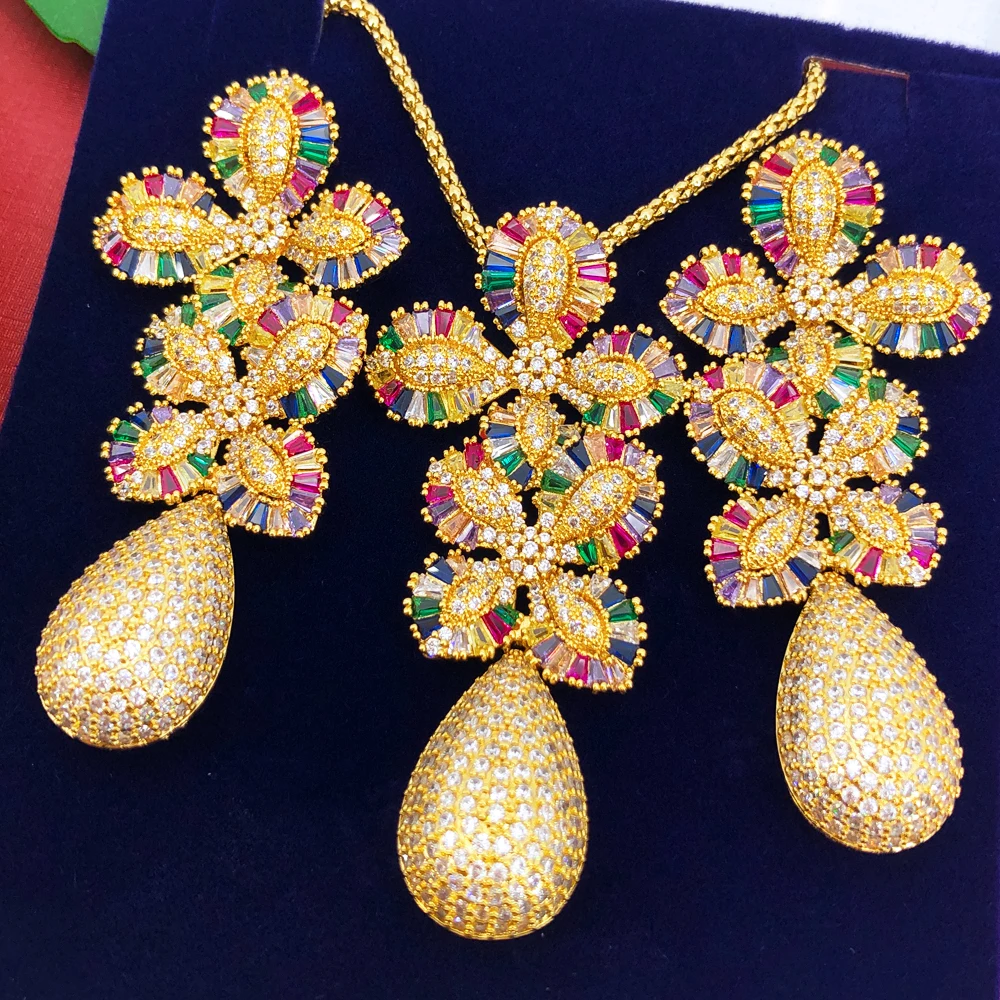 

Missvikki Luxury Long Drop Pendant Necklace Earring Sets For Women Wedding Bridal Charm Cubic Zircon Dubai High End Jewelry Sets