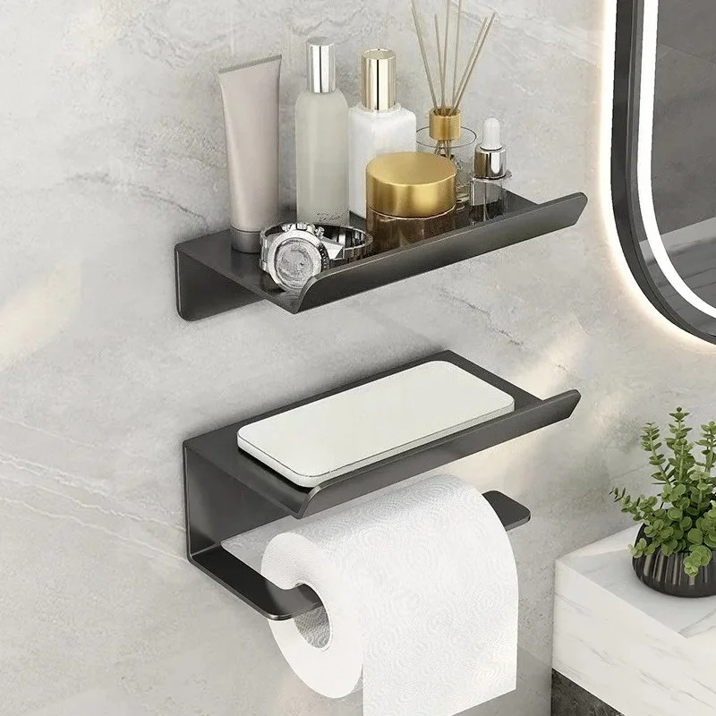 Stainless Steel Tissue Holder Bathroom Non Punching Roll Holder Toilet Paper Storage Rack with Mobile Phone Shelf