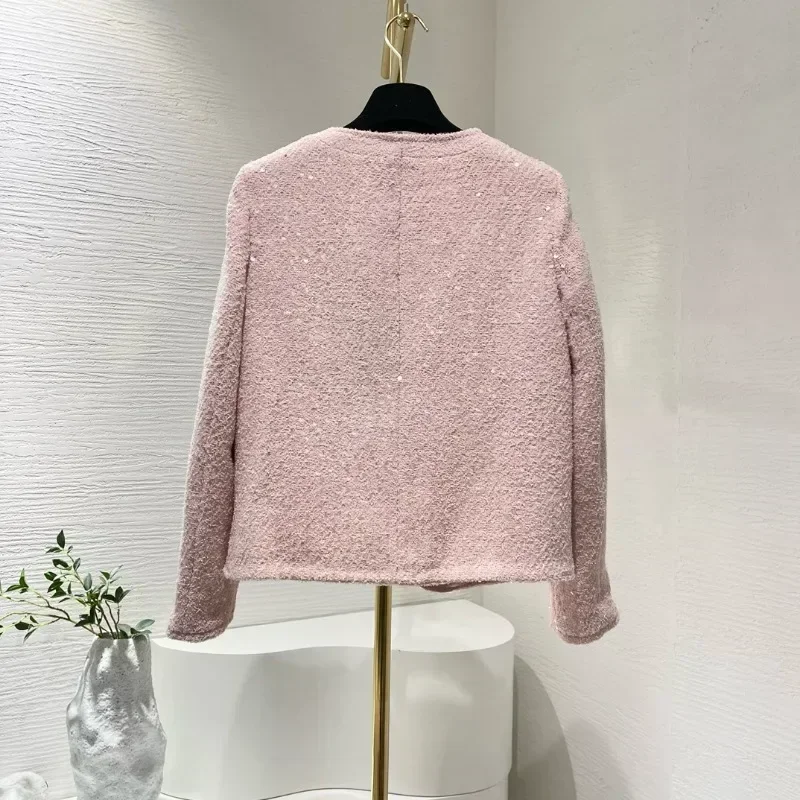 2024 New Arrivals Office Lady Pink Sparkling Silver Button Round Neck Women Tweed Jacket