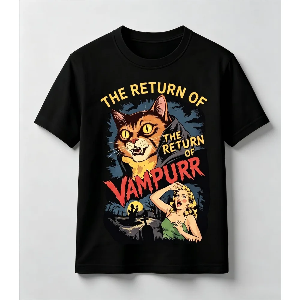 Vintage Horror Movie Poster Men's Women T‑shirt Funny Vampire Cat Vampurr Print Tees Gothic Halloween Spooky Casual Streetwear