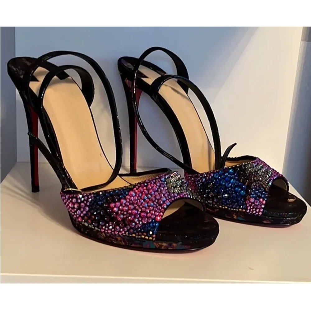 

Platform Colored Diamonds Patchwork Sandals Sexy Pointed Toe Thin Heel Ankle Buckle Strap New Arrivals Fashion Woem Shoes