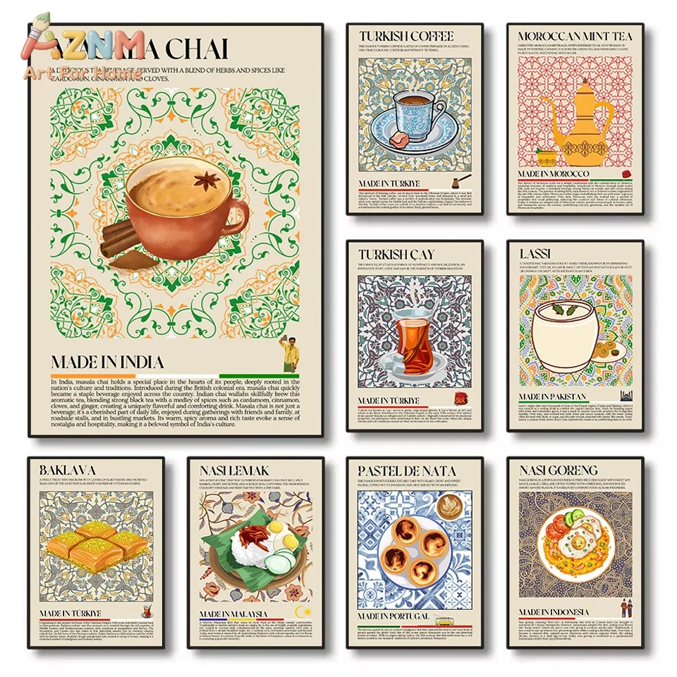 AZNM Global Traditional Food Drink Canvas Wall Art Masala Chai Turkish Coffee Vintage Tile Illustration Poster Kitchen Unframed