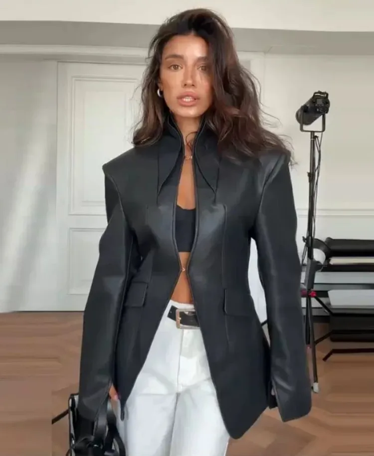 Black PU Faux Leather Blazer Women Stand Collar Hourglass Slim Moto Biker Jacket Structured Shoulder Fall Clubwear Sexy Coat