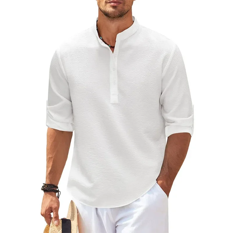 Camisa de manga larga con cuello levantado para hombre, blusa informal con botones, Color sólido, holgada, estilo playero, S-5XL, primavera y otoño, 2024