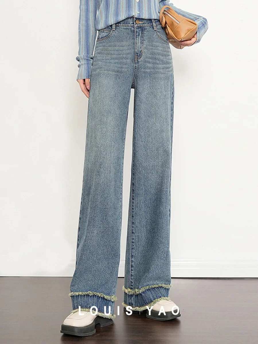 LOUIS YAO Jeans Panjang Dicuci Kasual Retro Modis Musim Gugur 2025 untuk Wanita Jeans Tepi Kaki Lurus Pinggang Tinggi