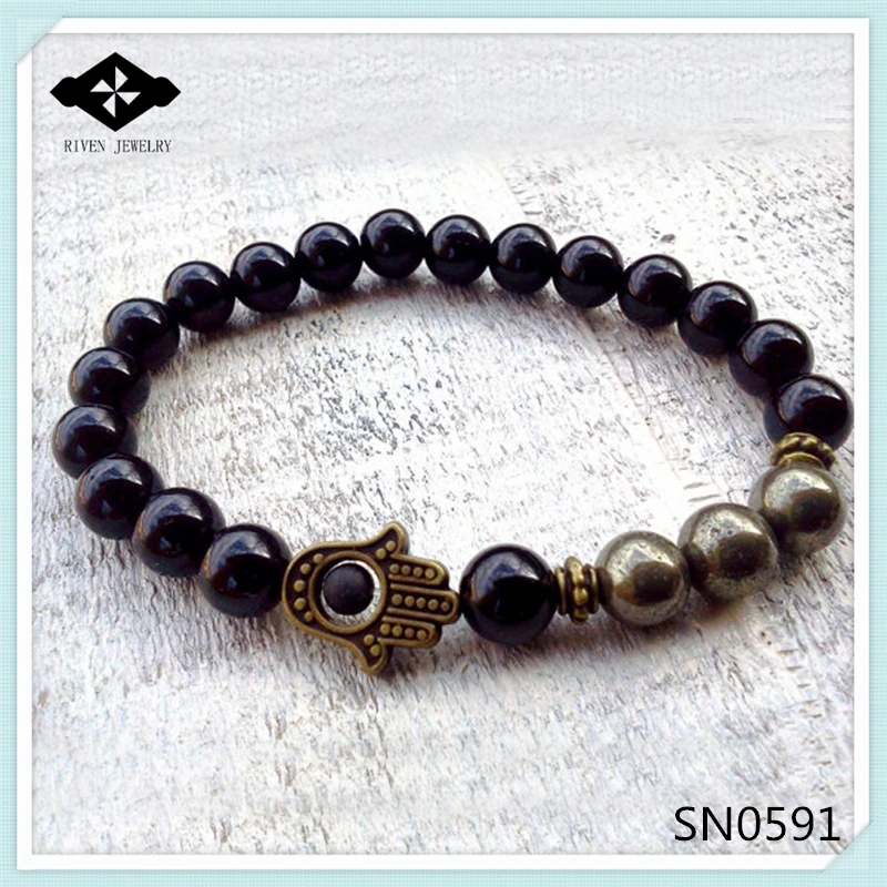 SN0591 New Design Pyrite Hamsa bracelet Fatima Hand bracelet For Men Onyx and Pyrite bracelet Hamsa Jewelry