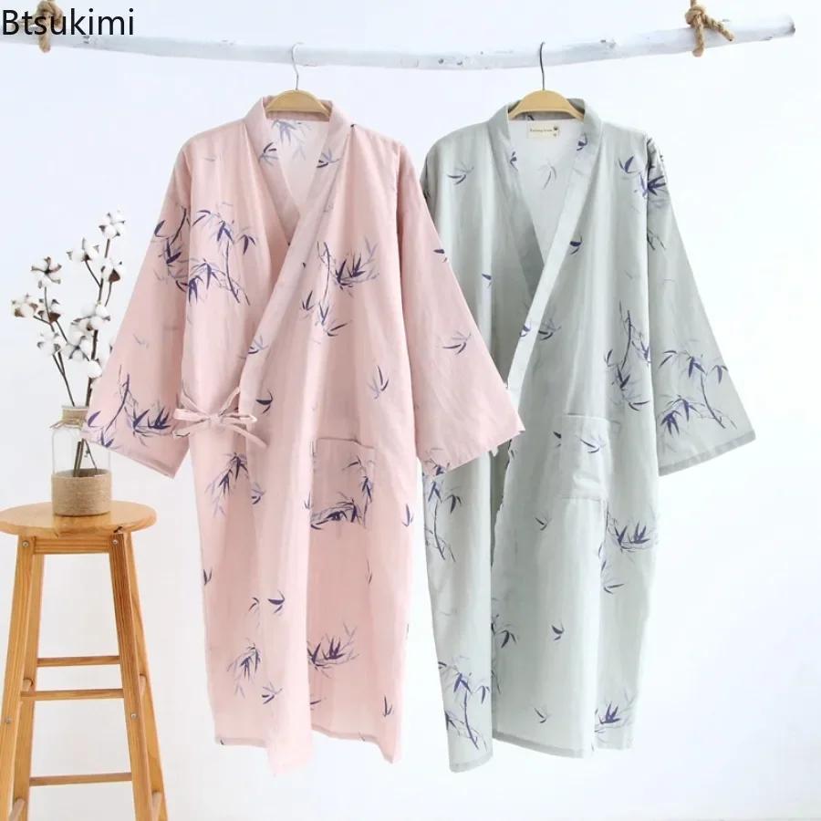 100% Cotton Women's Kimono Pajamas Robes Japanese Style Floral Print Loose Long NightGown Cardigan Lace Up Lounge Bathrobe Femme