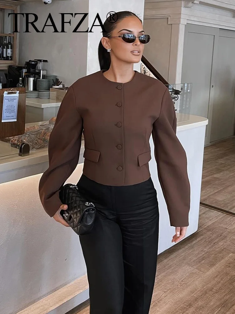 TRAFZA Fashion Retro Woman Solid Brown Jacket Women Chic Tops Long Sleeve Single Breasted O-Neck Pocket Casual Loose Short Coat