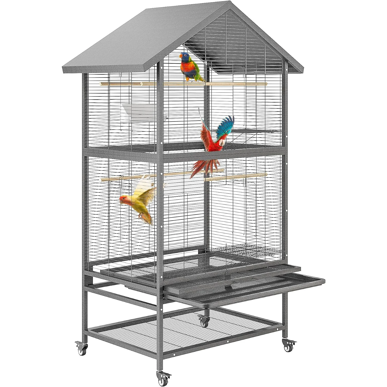 65.7 Inch Wrought Steel Bird Cage with Pull-Out Tray/Lock,Large Flight Cage with Feeding Bowl 360° Swivel Casters for Cockatiels