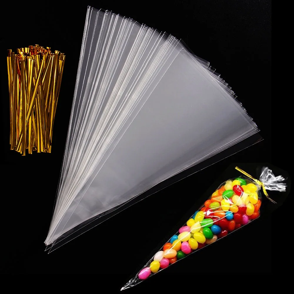 Transparent Packing Bags for Popcorn Candy, Cellophane Cone Storage, Plastic Bag, Baby Shower, Wedding, Birthday Party Favor Bag