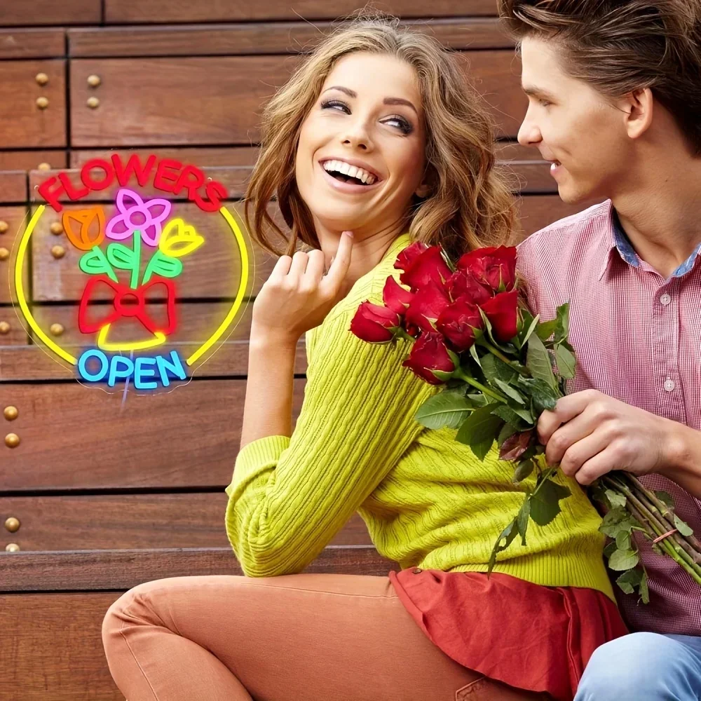 Flowers Open Neon Sign Colorful Bouquet LED Wall Art Acrylic USB Powered Dimmable Light For Florist Shop Cafe Window Decor