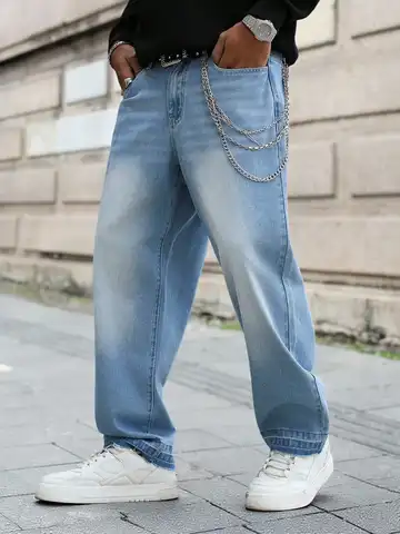 Men's Vintage Washed Wide-Leg Jeans | Light Blue Faded Whisker Raw Hem Floor-Length Pants | Hip-Hop Streetwear Trousers