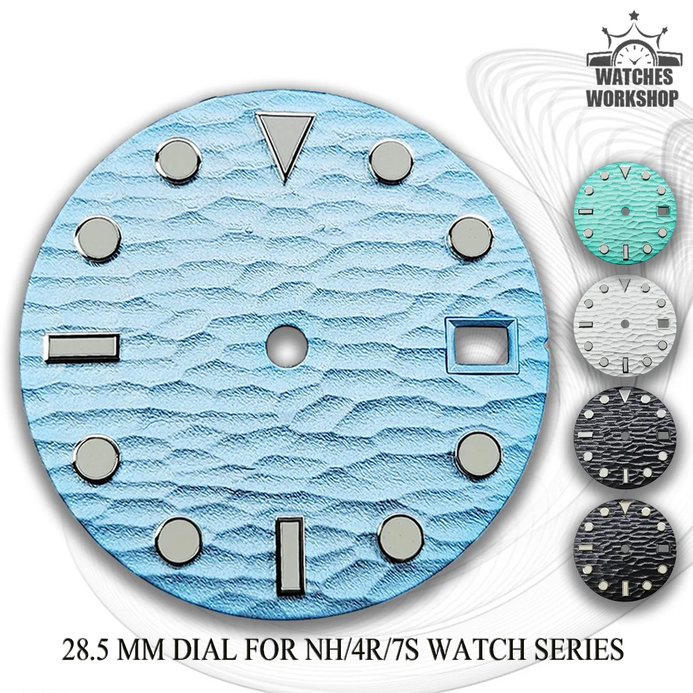 28.5mm Wave Texture Watch Dial Triangle Marker Date Window Green Luminous Fit NH35 NH36 4R 7S Mechanical Watch Mod Repair Parts
