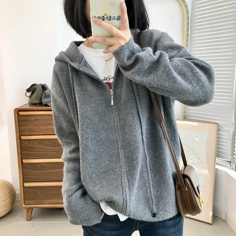 Hooded double zipper soft waxy long-sleeved knit cardigan sweater coat women's fashion temperament hoodie casual coat