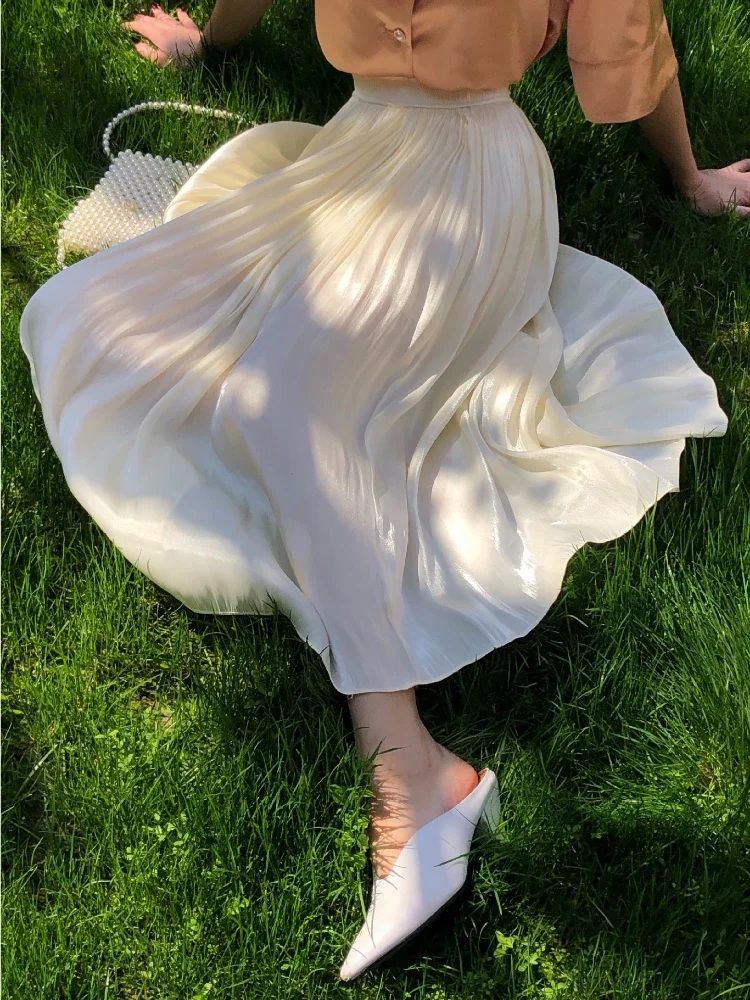 

Pop Summer New Women's Mid-length Skirt Luminous Copper Ammonia Silk Women's Pearlescent Streamer Yarn A-line Pleated Bright Ski